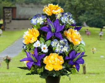 Purple Lily and Yellow Peony Cemetery Flowers for Vase - Artificial Flowers for Cemetery