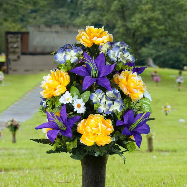 Purple Lily and Yellow Peony Cemetery Flowers for Vase - Artificial Flowers for Cemetery