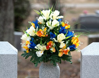 Blue Tulips Yellow Orchids and Cream Iris Cemetery Flowers - Artificial Fathers Day Cemetery Flowers (MD2310)