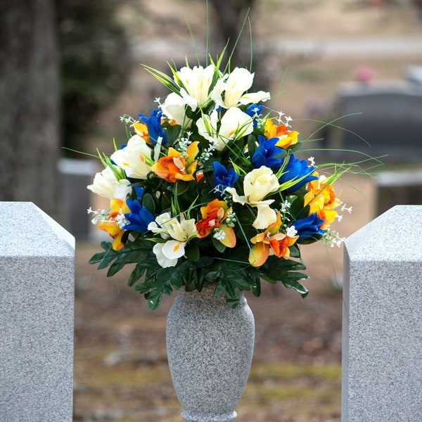 Blue Tulips Yellow Orchids and Cream Iris Cemetery Flowers - Artificial Fathers Day Cemetery Flowers (MD2310)