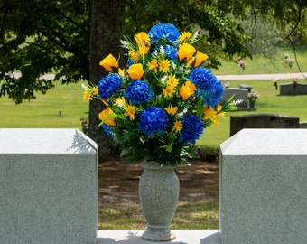 Blue Mum and Yellow Rose Cemetery Flower for Vase - Sympathy Artificial Flowers for Cemetery - Fathers Day Cemetery Flowers (LG2521)