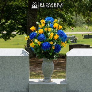 Blue Mum and Yellow Rose Cemetery Flower for Vase - Sympathy Artificial Flowers for Cemetery - Fathers Day Cemetery Flowers (LG2521)