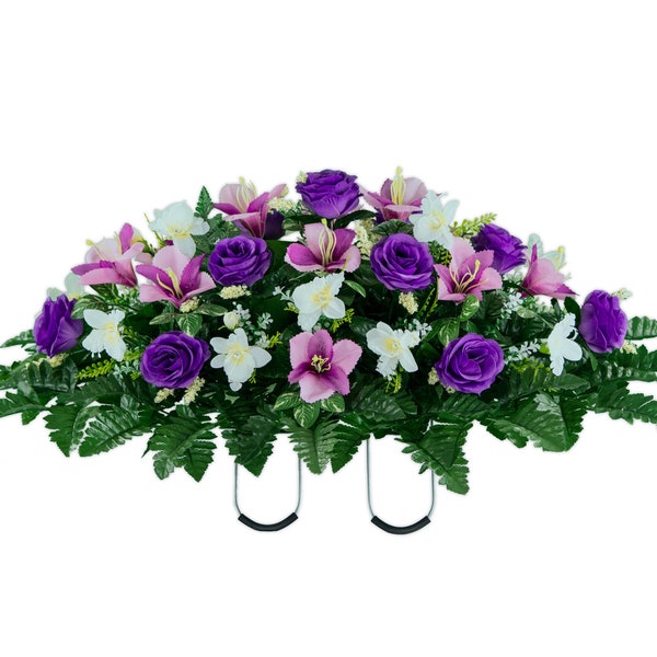 Purple Rose and Lavender Alstroemeria Cemetery Saddle - Headstone Saddle - Silk Cemetery Flowers (SD2439)