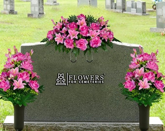 Pink Cemetery Saddle and 2 Matching Vase Arrangements - Pink Gladiolus Roses and Lilies - Artificial Mothers Day Cemetery Flower Set