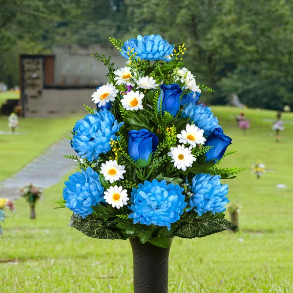 Blue Rose and Light Blue Mum Cemetery Flowers for Vase - Artificial Flowers for Cemetery - Spring Cemetery Flowers