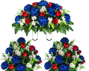 Royal Blue Mum and Red Rose Cemetery Saddle and Flower Set - Cemetery Flowers (1-SD2712/2-LG2707)
