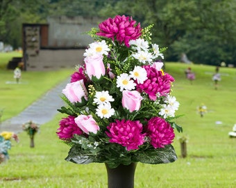Pink Rose and Beauty Pink Mum Cemetery Flowers for Vase - Artificial Flowers for Cemetery - Mother's Day Cemetery Flowers