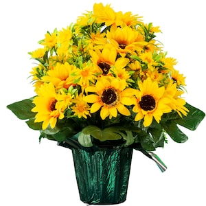 Artificial Sunflowers in Green Flower Pot For Outdoor Use -  Weighted Sunflower Silk Flower Arrangement For Cemetery or Home Decor (PT2525)