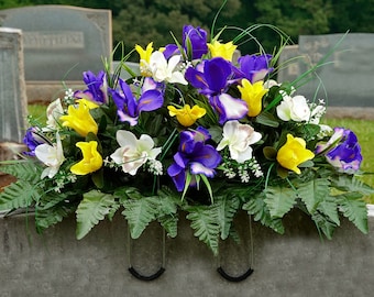 Summer Tulip Cemetery Saddle - Yellow Tulip and Purple Iris Spring Artificial Cemetery Flowers