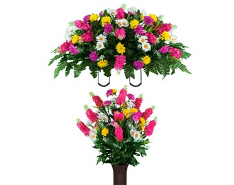 Pink Yellow and White Wildflowers Cemetery Saddle and Vase Arrangement with Sympathy Silks Vase - Mothers Day Cemetery Flower Set