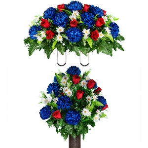 Silla de montar de cementerio roja, blanca y azul y 1 ramos de flores a juego para cementerio - Flores de cementerio patriótico