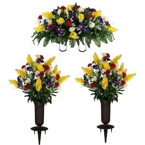 Yellow Red and Purple Wildflower Cemetery Saddle and Matching Arrangements with Vases - Artificial Flowers For Cemetery