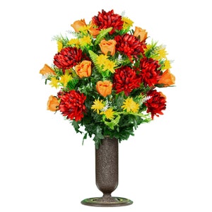 Burgundy Mum and Orange Rose Fall Cemetery Flowers for Vase - Sympathy Artificial Flowers for Cemetery - Autumn Cemetery Flowers (LG2507)