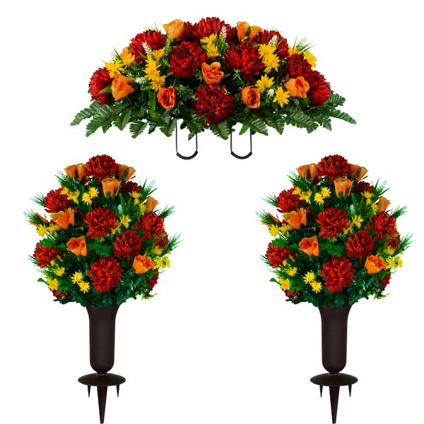 Burgundy Mum & Orange Rose Cemetery Saddle Set with Vases