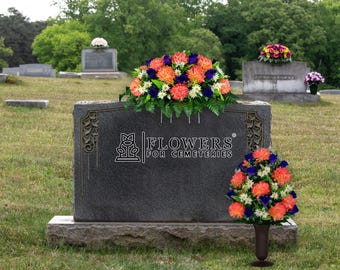 Pink Salmon Mum with Purple Rose and White Daisy Cemetery Saddle and Flower Set - Mothers Day Flowers - Summer Artificial Cemetery Flowers