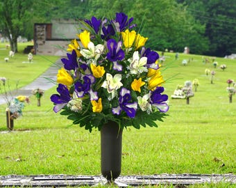 Yellow Tulips and Purple Iris Cemetery Arrangement for Vase - Spring Flowers for Cemetery Vase