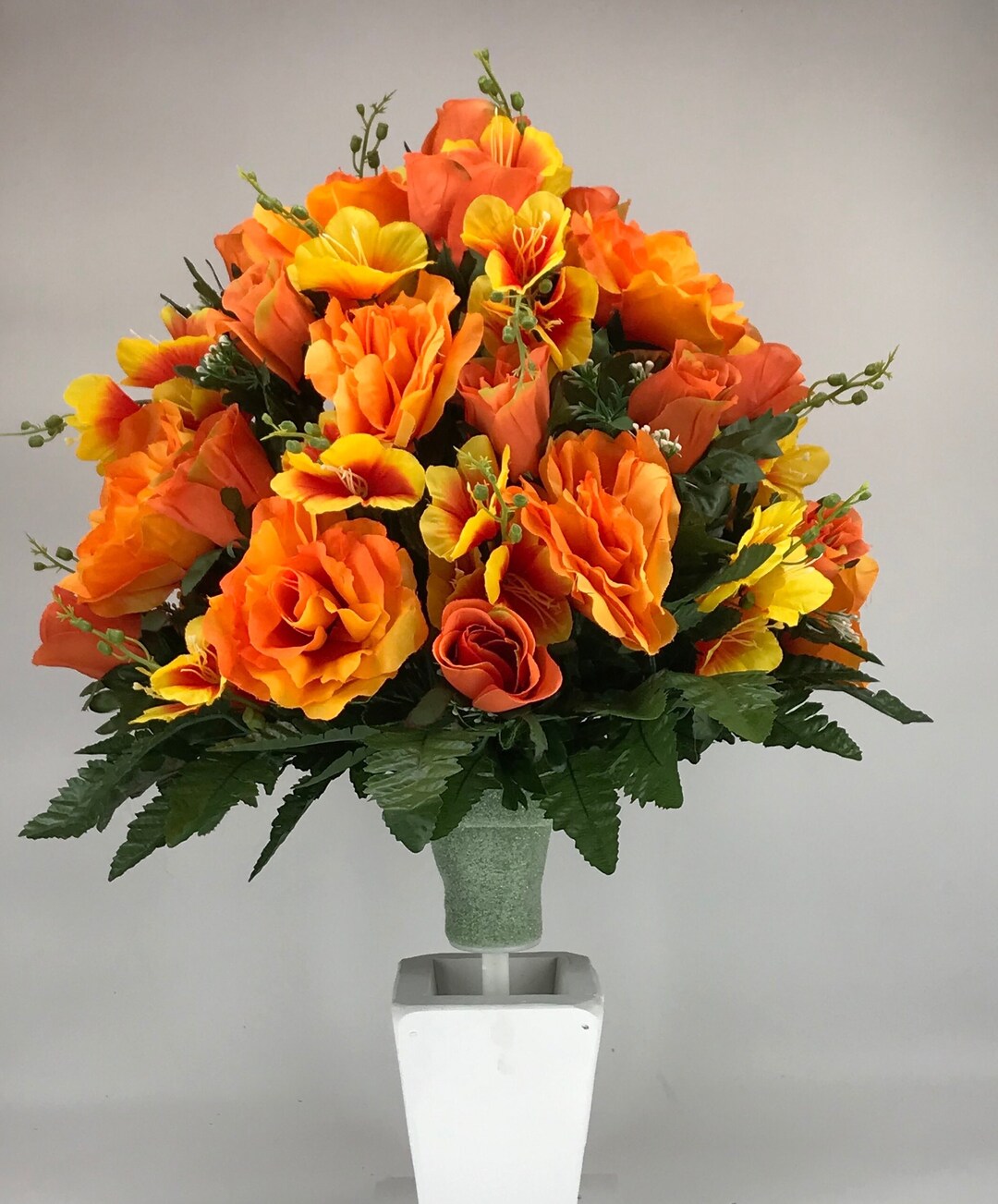 Orange, and Yellow Silk Flower Arrangement for Cemetery Vase Deluxe