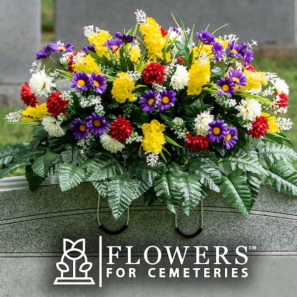 Red Yellow Purple Wildflower Cemetery Saddle - Fathers Day Cemetery Flower Arrangement - Artificial Wildflower Cemetery Arrangement (SD2373)