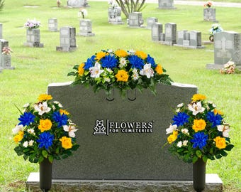 Blue & Yellow Cemetery Saddle with Matching Bouquets – Roses, Dahlias, Orchids