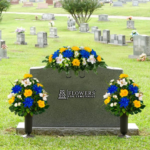 Blue & Yellow Cemetery Saddle with Matching Bouquets – Roses, Dahlias, Orchids