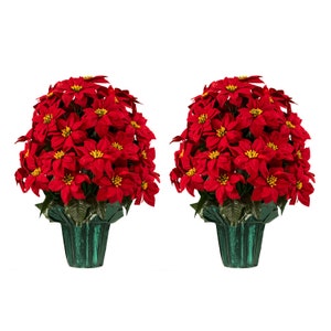 Set of 2 Large Red Poinsettia Potted Silk Arrangements  -Cemetery Flowers - Silk Flower Arrangement - Flower Pot (2PK-LP1916)