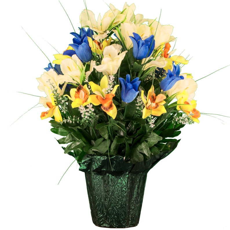Graveside Silk Flowers in Weighted Pot Blue Tulips Yellow Etsy