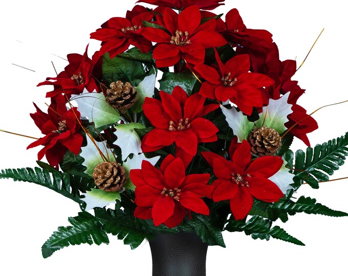 Red Poinsettias With Gold Glitter Pine Cones Sympathy Artificial