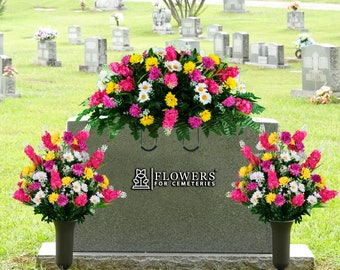 Spring Wildflower Cemetery Saddle - Pink and Yellow Wildflowers - Artificial Mothers Day Cemetery Flower Set - (1-SD2375/2-MD2319)