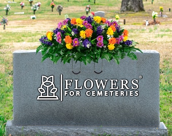 Spring Wildflower Cemetery Saddle - Purple and Orange Wildflowers - Artificial Mothers Day Cemetery Flower Arrangement