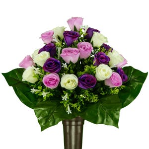 Purple and White Roses Mausoleum Cemetery Arrangement for Vase - Cemetery Flowers for Mausoleum Vase