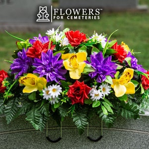 Red Rose Yellow Orchid Purple Dahlia Cemetery Flower Arrangement - Artificial Spring Cemetery Saddle - Summer Cemetery Flowers