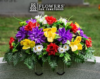Red Rose Yellow Orchid Purple Dahlia Cemetery Flower Arrangement - Artificial Spring Cemetery Saddle - Fathers Day Cemetery Flowers (SD2376)