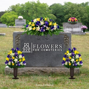 Yellow Tulips and Purple Iris Cemetery Saddle and Flower Arrangement Set with Vases Included - Artificial Cemetery Flowers with Vases