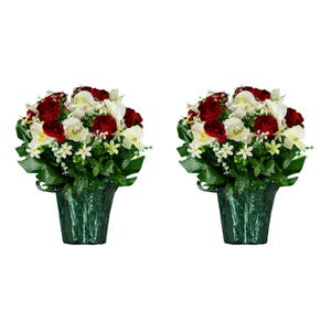May include: Two artificial floral arrangements featuring red roses, white orchids, and small white flowers with green foliage. The flowers are arranged in textured, dark green vases.