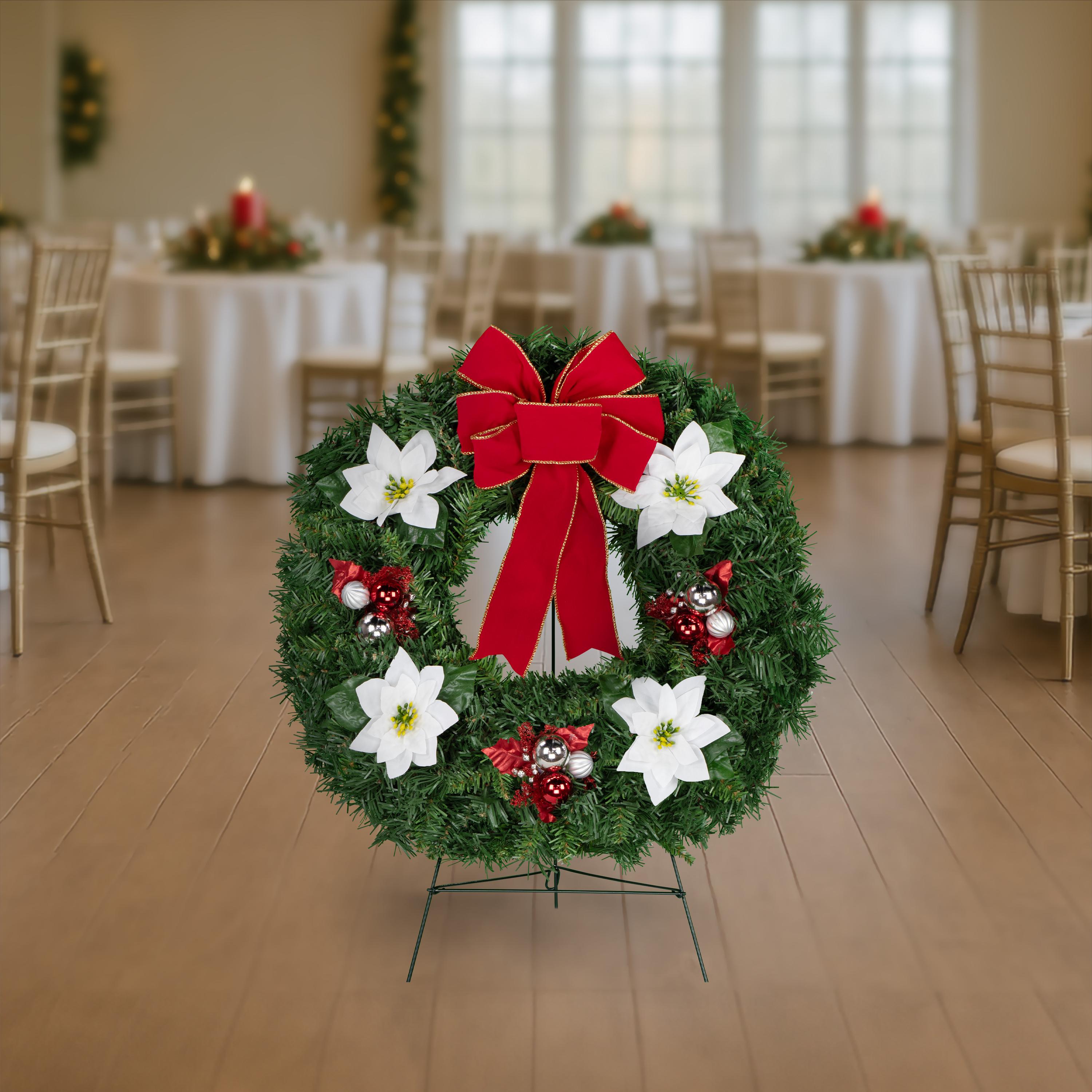 White Poinsettia Christmas Wreath With Red Velvet Bow on Easel - Etsy