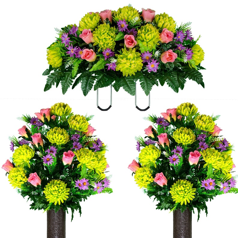 Spring Lime Green Mums and Pink Roses Cemetery Saddle and - Etsy