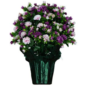 Artificial Garden Mum Plant in Green Flower Pot - Pink and Purple Garden Mum Silk Flower Arrangement - Outdoor Yard or Porch Decor (PT2357)