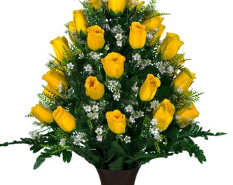 Yellow Roses with Baby's Breath Cemetery Flowers for Vase - Artificial  Flowers for Cemetery (MD1994)