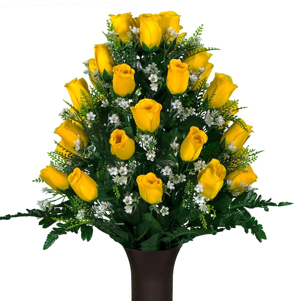 Yellow Roses with Baby's Breath Cemetery Flowers for Vase - Artificial  Flowers for Cemetery (MD1994)