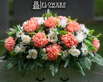 Peach Mum and Cream Rose Artificial Cemetery Saddle - Artificial Spring Cemetery Headstone Arrangement (SD2543)