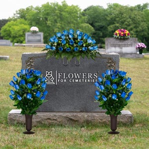 Blue Rose Bud Cemetery Saddle and Flower Arrangement Set - Artificial Cemetery Flowers - 1 Saddle and 2 Bouquets