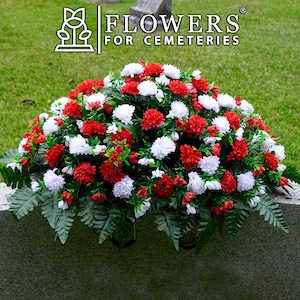 Red and White Garden Mum Arrangement for Headstone - Spring Mum Cemetery Saddle - Artificial Cemetery Flowers
