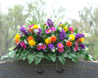 Spring Wildflower Cemetery Saddle - Purple and Orange Wildflowers - Artificial Mothers Day Cemetery Flower Arrangement (SD2374)