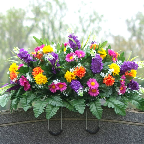 Spring Wildflower Cemetery Saddle - Purple and Orange Wildflowers - Artificial Mothers Day Cemetery Flower Arrangement (SD2374)