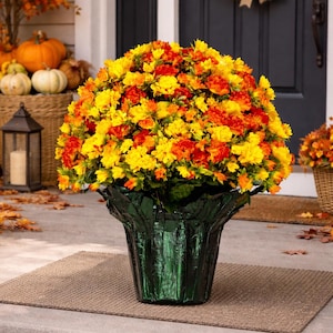 Artificial Orange and Yellow Garden Mums Flower Arrangement in a Green Weighted Flower Pot for Outside Home Decor