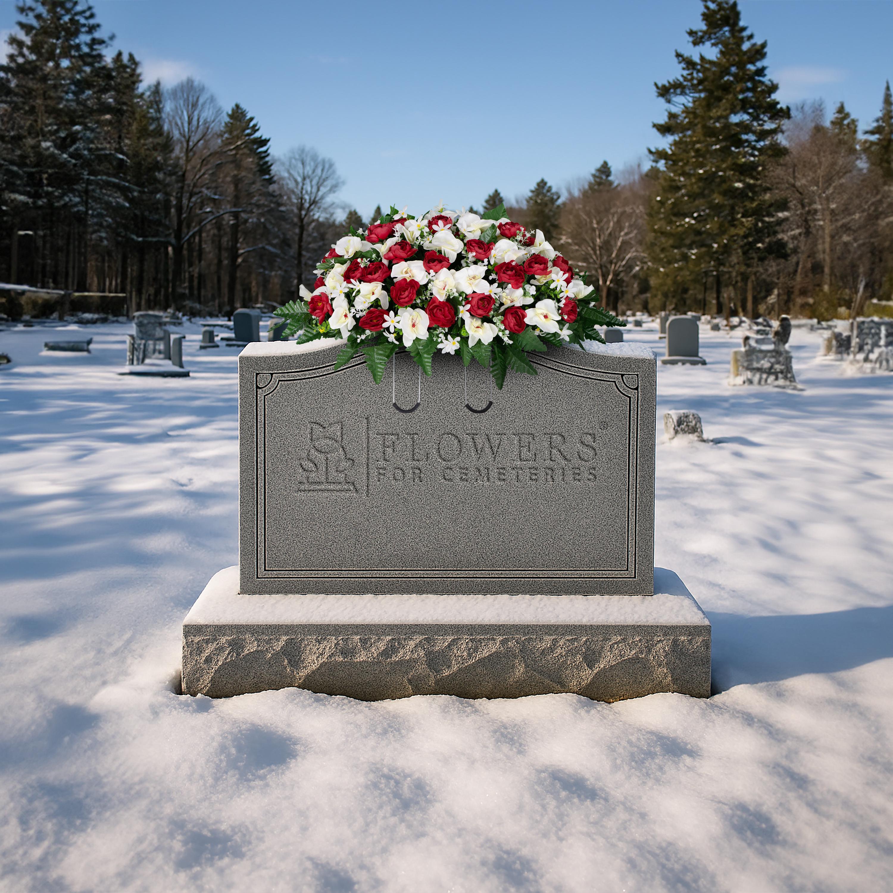 Red Rose & White Orchid Cemetery Saddle: Headstone Flower Arrangement