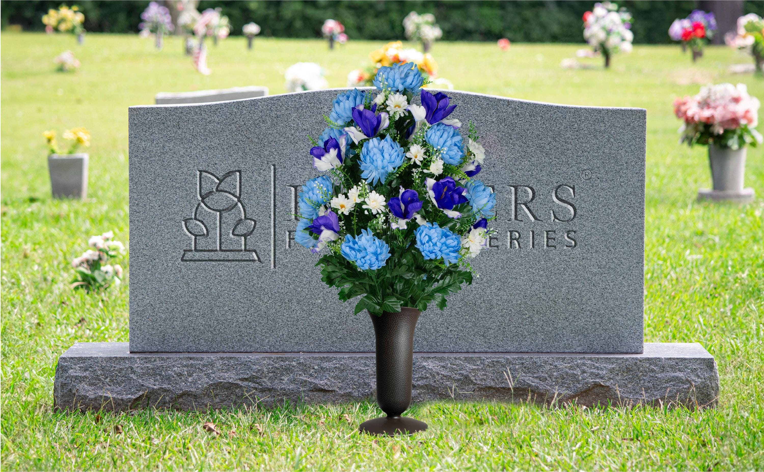Blue and Purple Cemetery Arrangement for Vase - Blue Mums and Purple Iris Flowers for Grave Vase