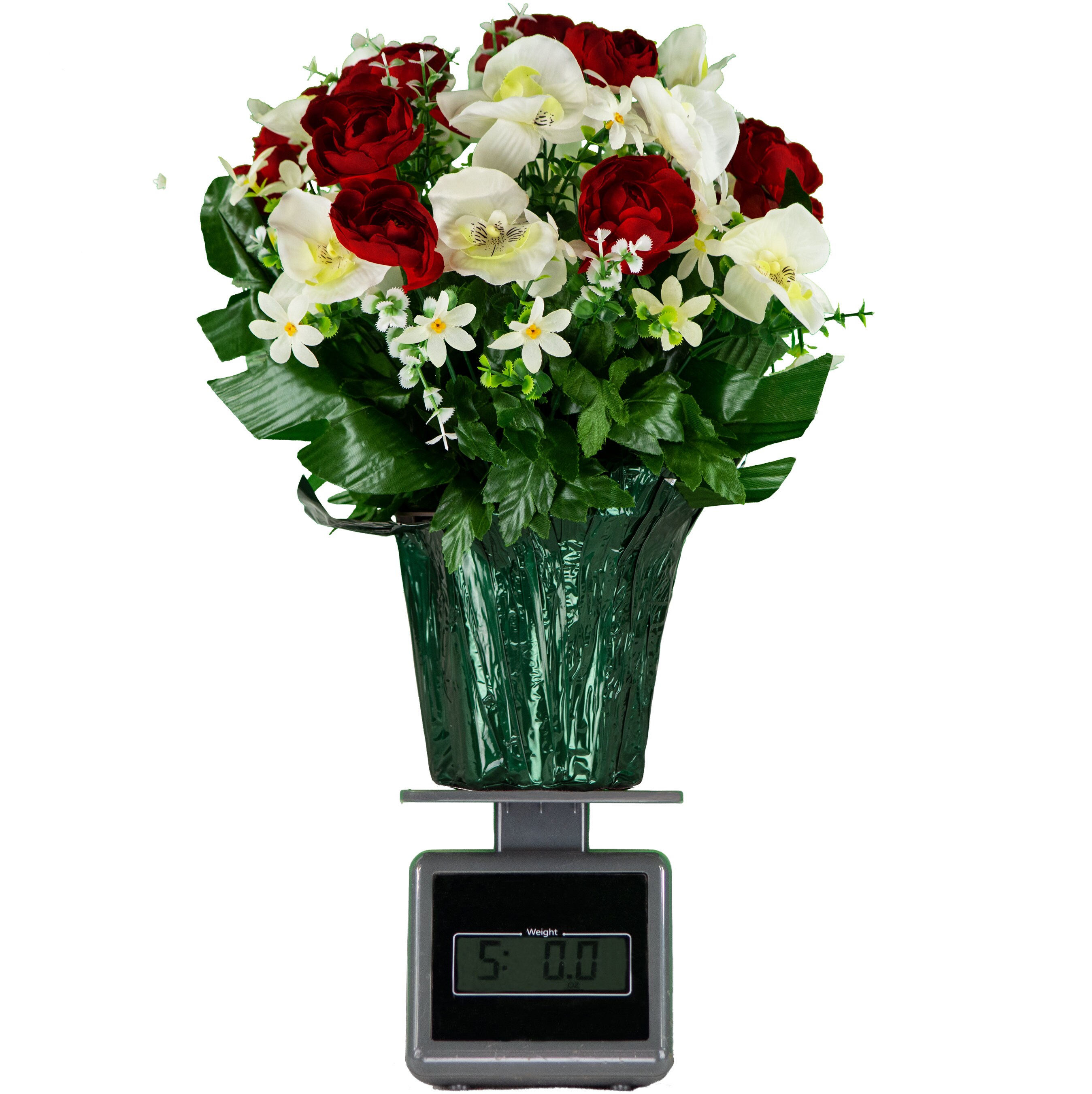 Artificial Garden Red Cabbage Rose & White Orchid Plant in Green Flower ...