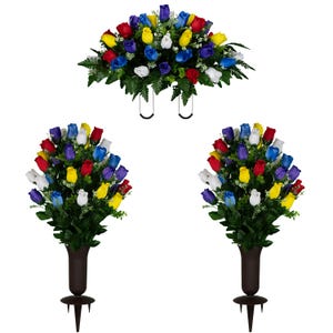 Multi Color Rose Bud Cemetery Saddle and Flower Arrangement Set with Vases Included - Artificial Cemetery Flowers and Vases