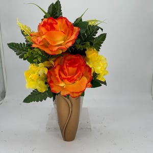 Orange Roses and Yellow Hydrangea Mausoleum Cemetery Arrangement for Vase - Summer and Fall Flowers for Mausoleum Vase